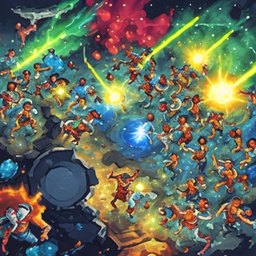 a crowd running toward a glowing hole, hand-painted casual game art, mobile game ad